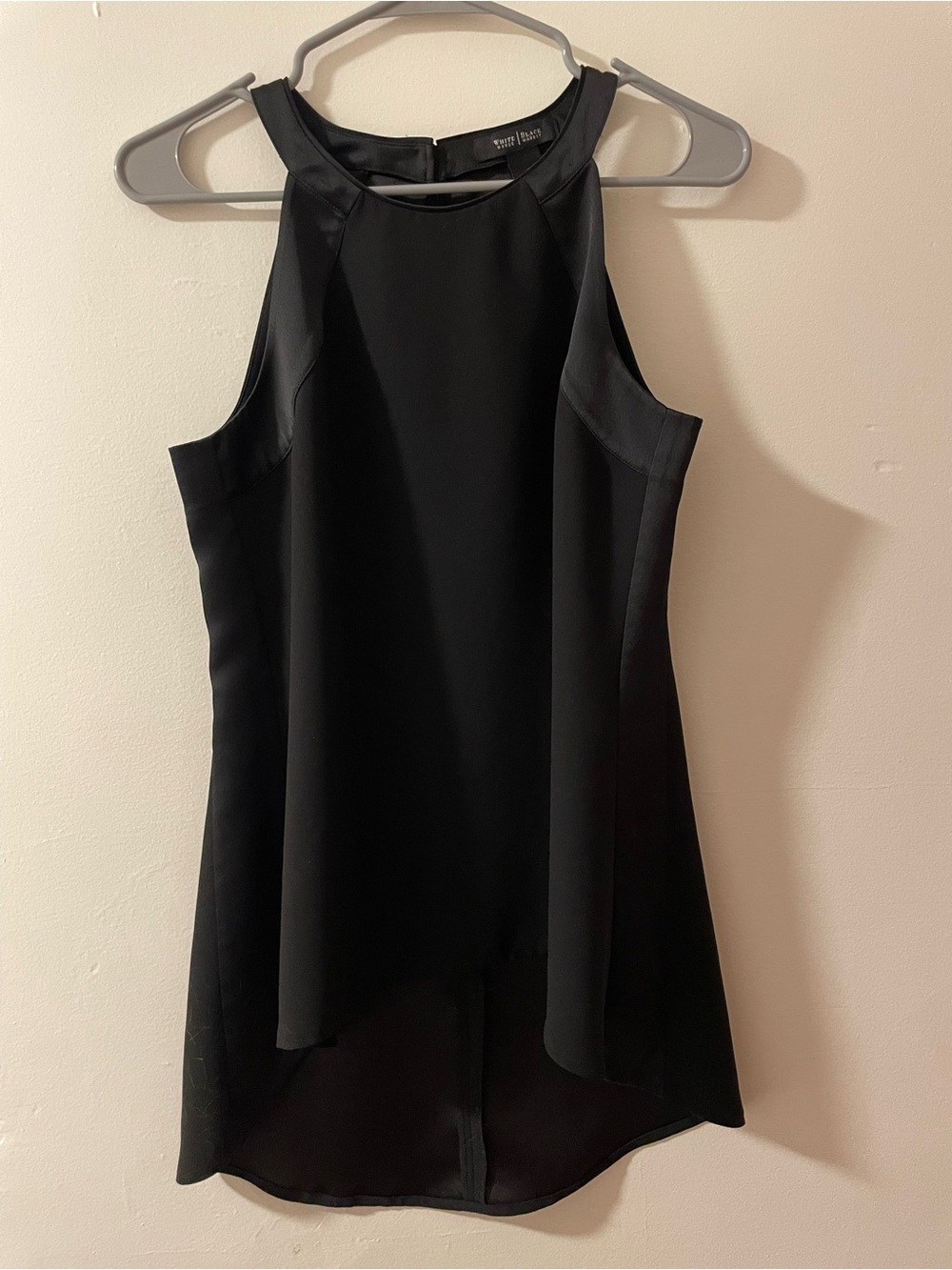 White House Black Market black mini dress with high-low hem, size 6